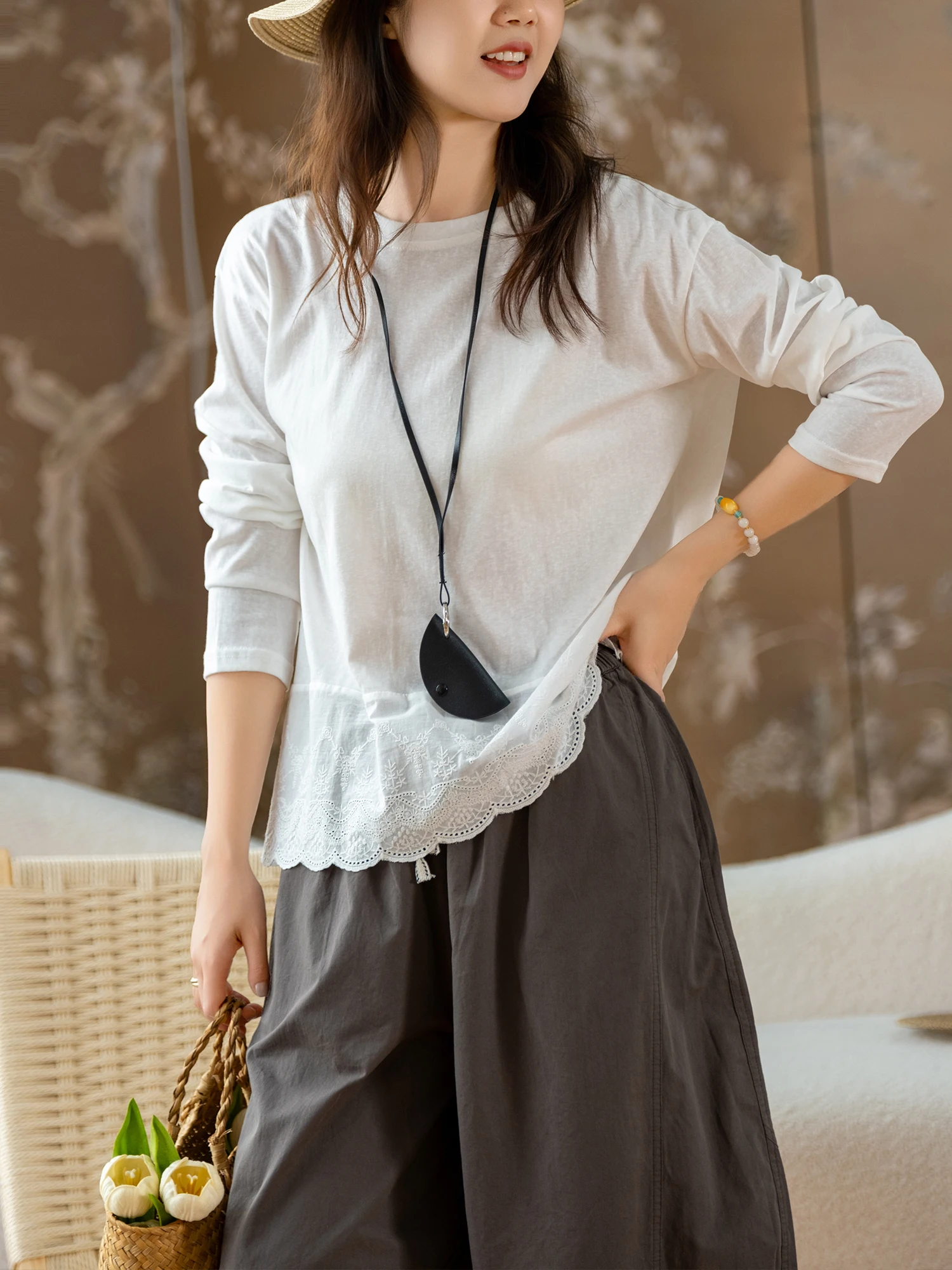 Elegant Long Sleeve T-Shirt Women's Slim Fit Cotton Polyester Blend Heavy Embroidery Snowflake Cotton Soft Lightweight