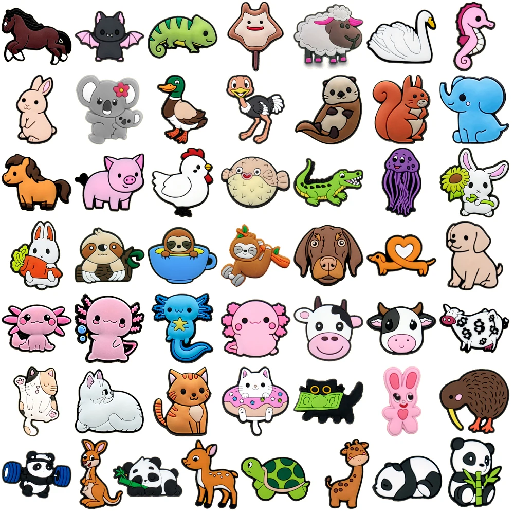 50PCS Animal Shoe Charms Set Cute Cats Dogs Cows Ducks Shoe Accessories Kid Favor Shoe Decoration Fashion Women Men Sandal Decor