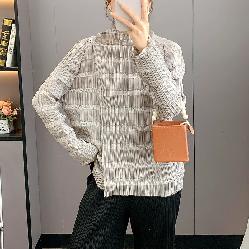 YFPF Miyake geplooid ontwerp shirt voor dames mode effen kleur knop lange mouw blouse streetwear 2025, nieuwe kleding