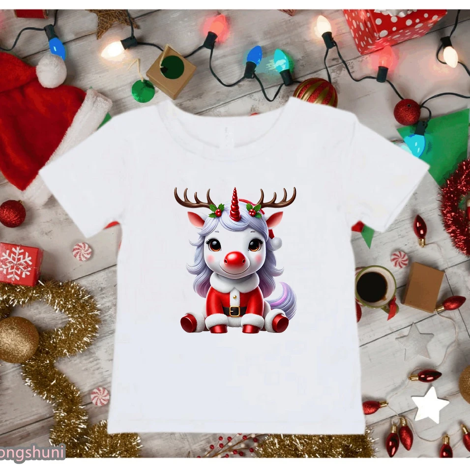 

Funny Kawaii Kids Clothes Christmas Unicorn Animal Printed T Shirt Girls Xmas Gift White 3-13 Years T-Shirt Harajuku Shirt