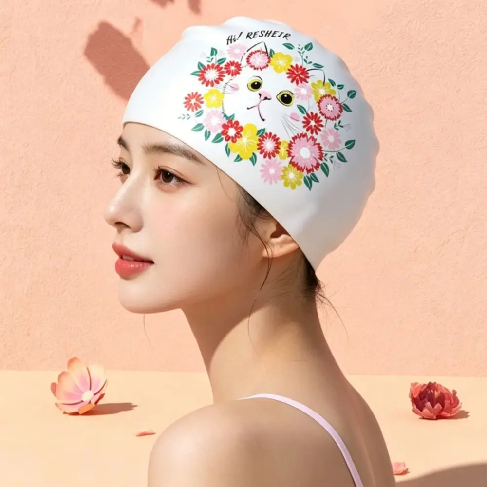 Large Size Swimming Caps Long Hair Fashionable Printed Silicone Swim Caps Waterproof Ear Protection Cartoon Cat Swim Caps