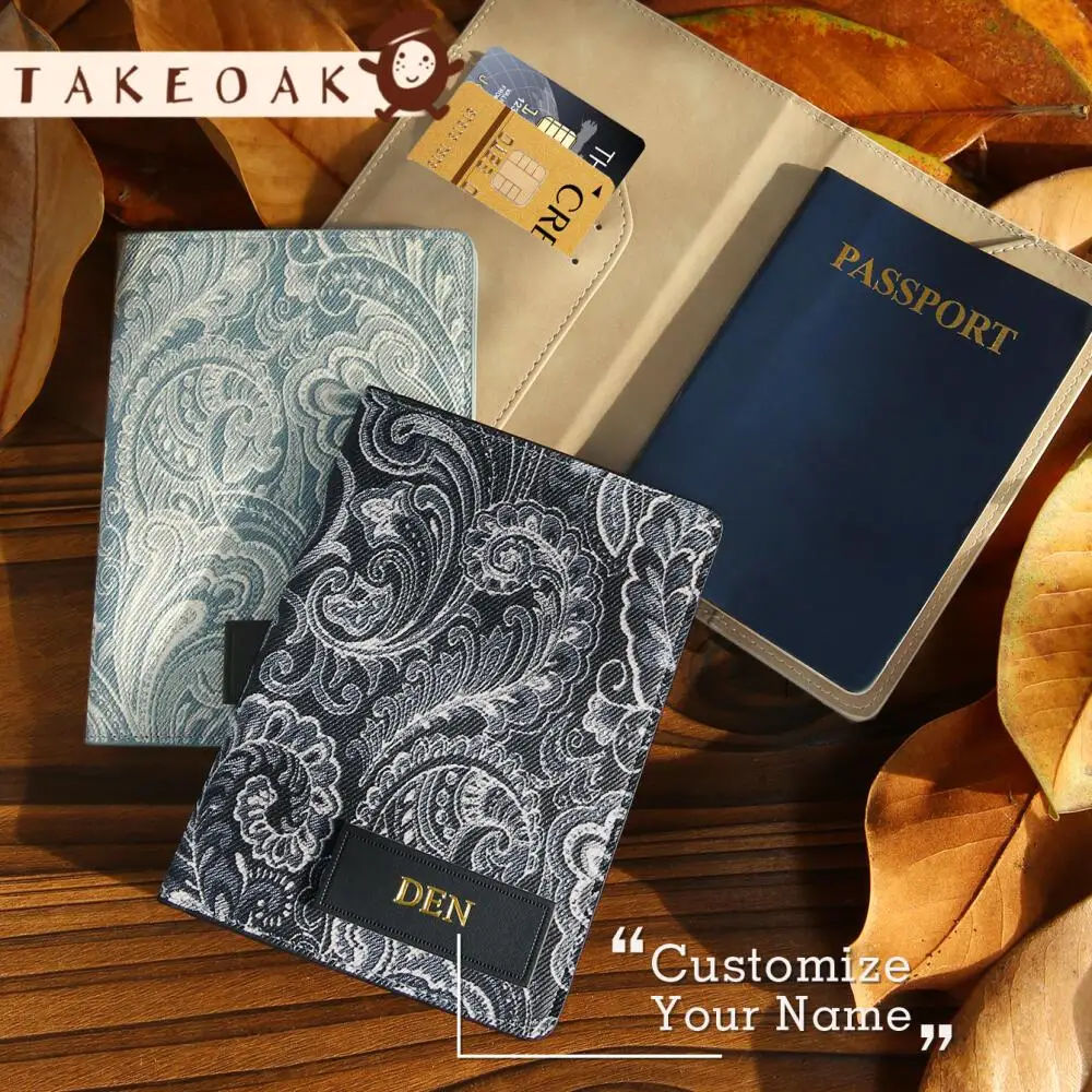 Custom Name Paisley Pattern Passport Cover Vintage Floral Print Leather Passport Holder with Card Slots Elegant Travel Organizer