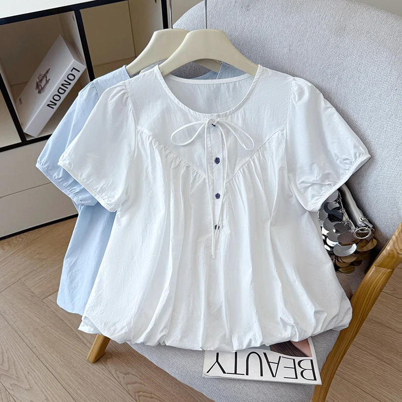 

Summer 2026 round Neck Bow Tie Bubble Sleeve Fashion Loose Pleated Shirt Short Sleeve Top Women's Casual Breathable Skin-Frie...