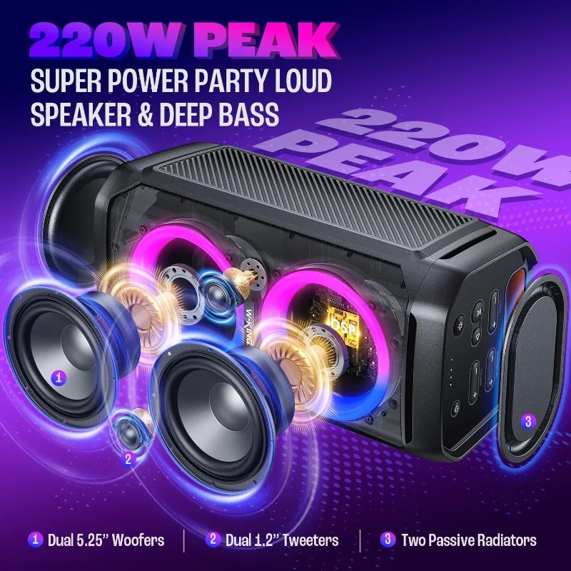 Party Bluetooth Speakers 220W Peak, Portable Boombox Speaker Wireless Deep Bass V5.3/115dB/Subwoofer