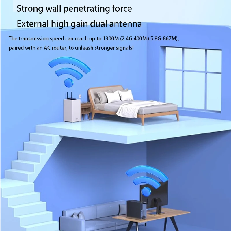 Wireless USB Adapter 1300Mbps wireless WIFI network card External Antenna WiFi signal receiving transmitter Dual band 2.4G 5.8G