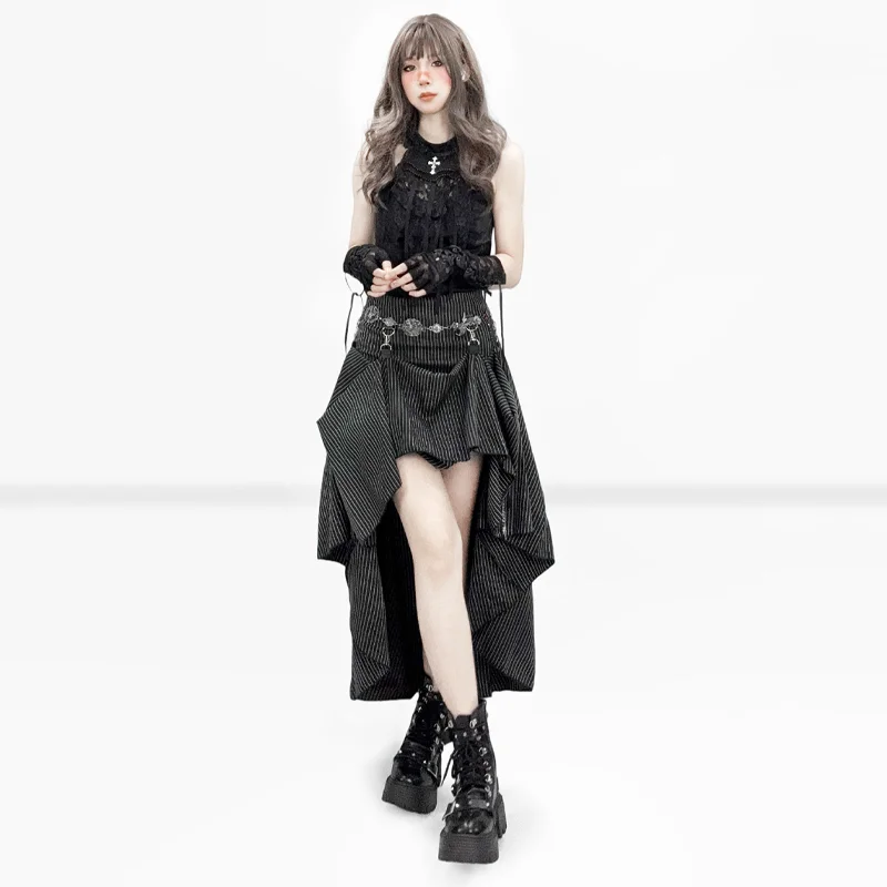 Goth Dark Women Fashion Striped Zipper Skirts Alt Streetwear Cyber Y2K Bottoms Mall Gothic Big Swing Skirt Casual Holiday Outfit