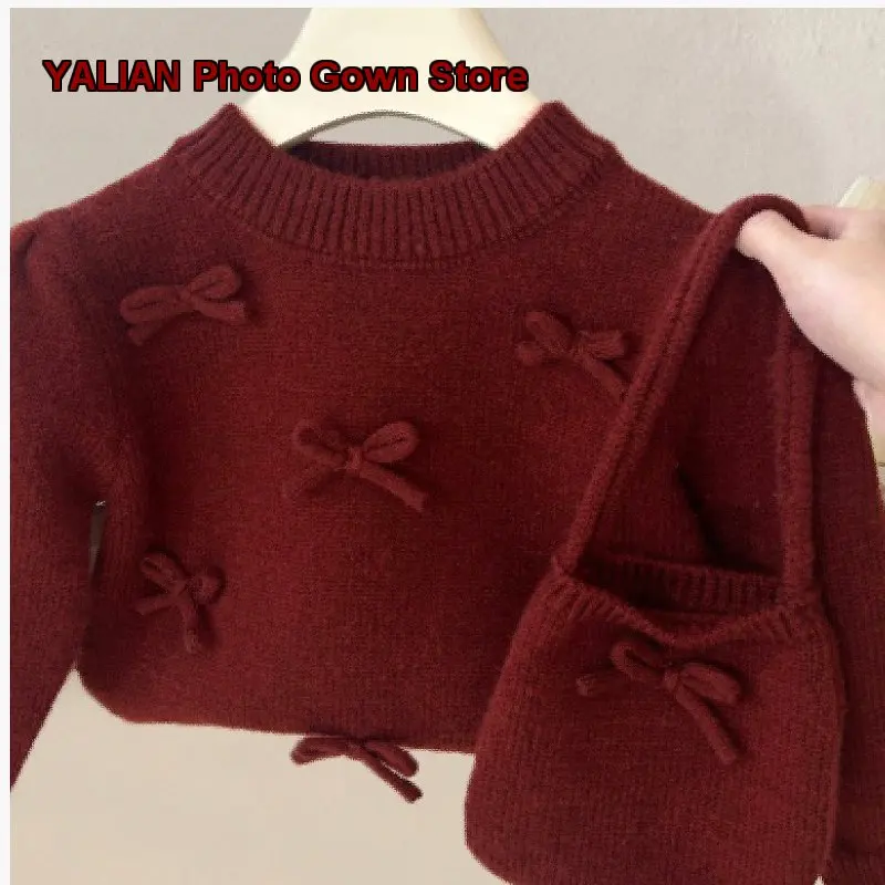 Girls Spring Sweet Bow Decorated Knit Pullover Baby Soft Stylish Top