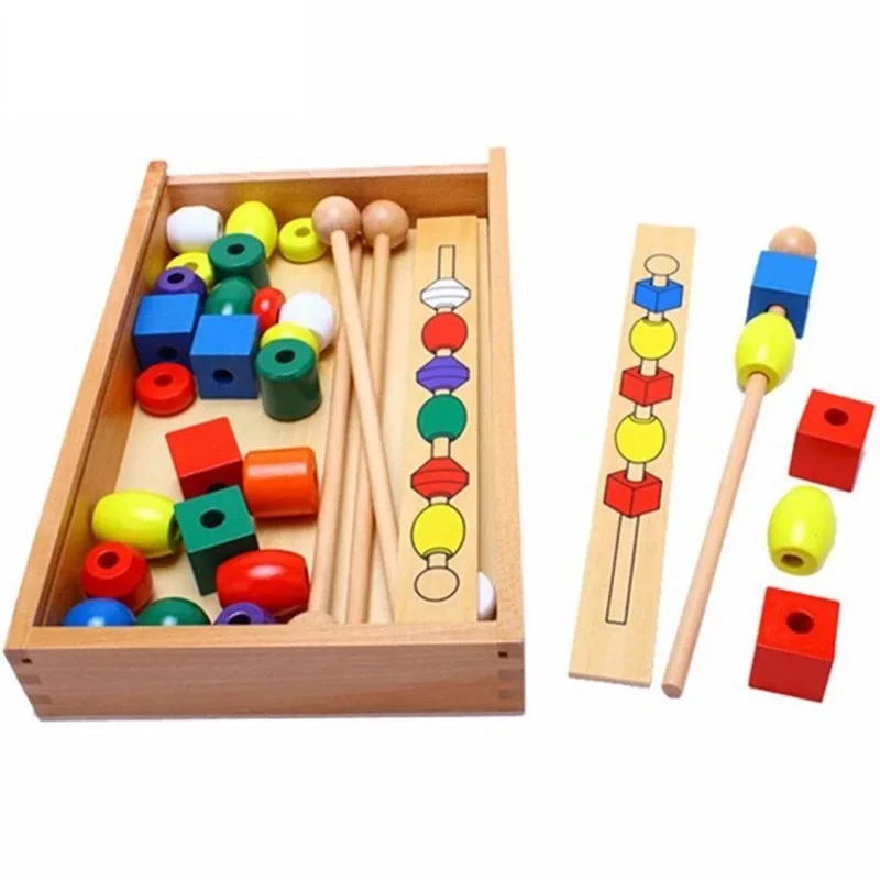 Montessori Educational Games Colorful Shape Stick Bead  Set Blocks Wooden Toys for Children Baby Brinquedo