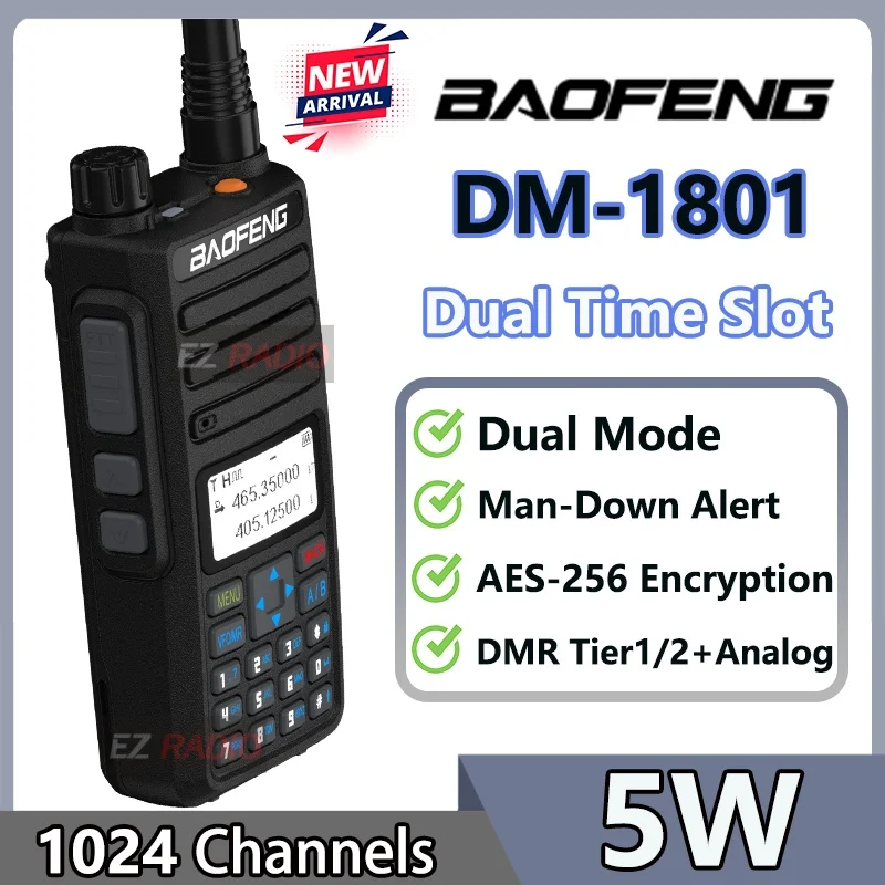 New Baofeng DM‑1801 DMR Digital Walkie‑Talkie Man Down Alert Dual Time Slot SMS Dual Mode Upgraded of DR-1801 AES256 Encryption