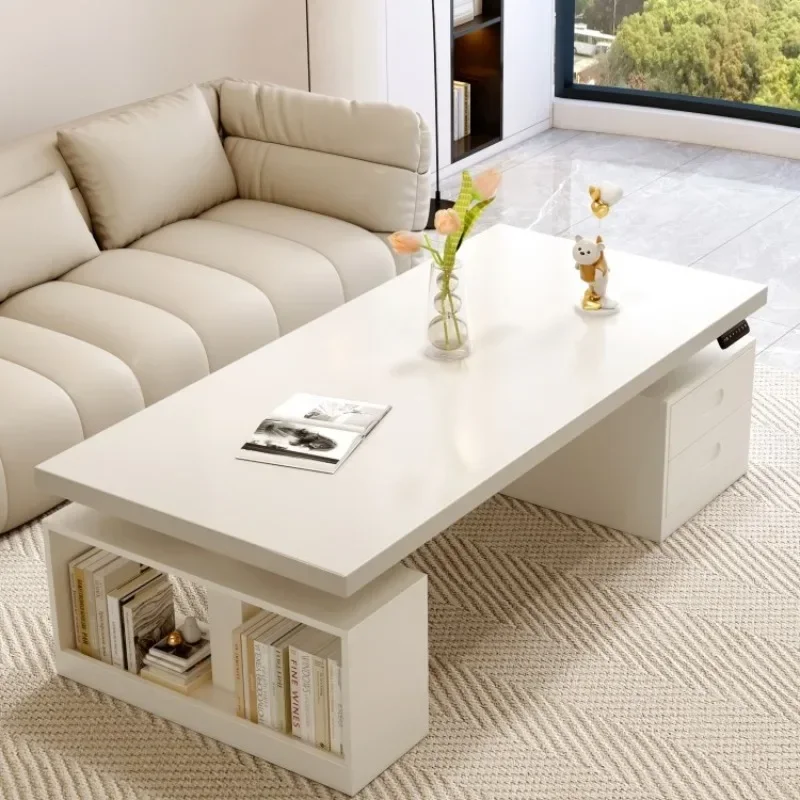 White solid wood intelligent electric lifting coffee table dining table dual-purpose living room household small apartment tea