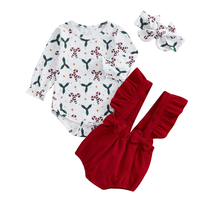 Baby Girl Christmas Outfits Candy Cane Print Long Sleeve Romper with Solid Ruffled Overalls and Headband 3Pcs Set