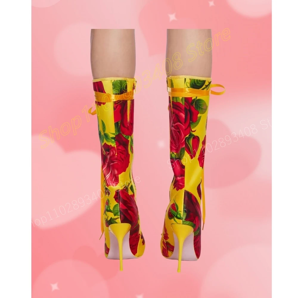 Yellow Rose Flowers Print Mid Calf Boots Butterfly Knot Pointed Toe Front Lace-up Fashion Sexy Women Shoes 2024 New Para Mujere