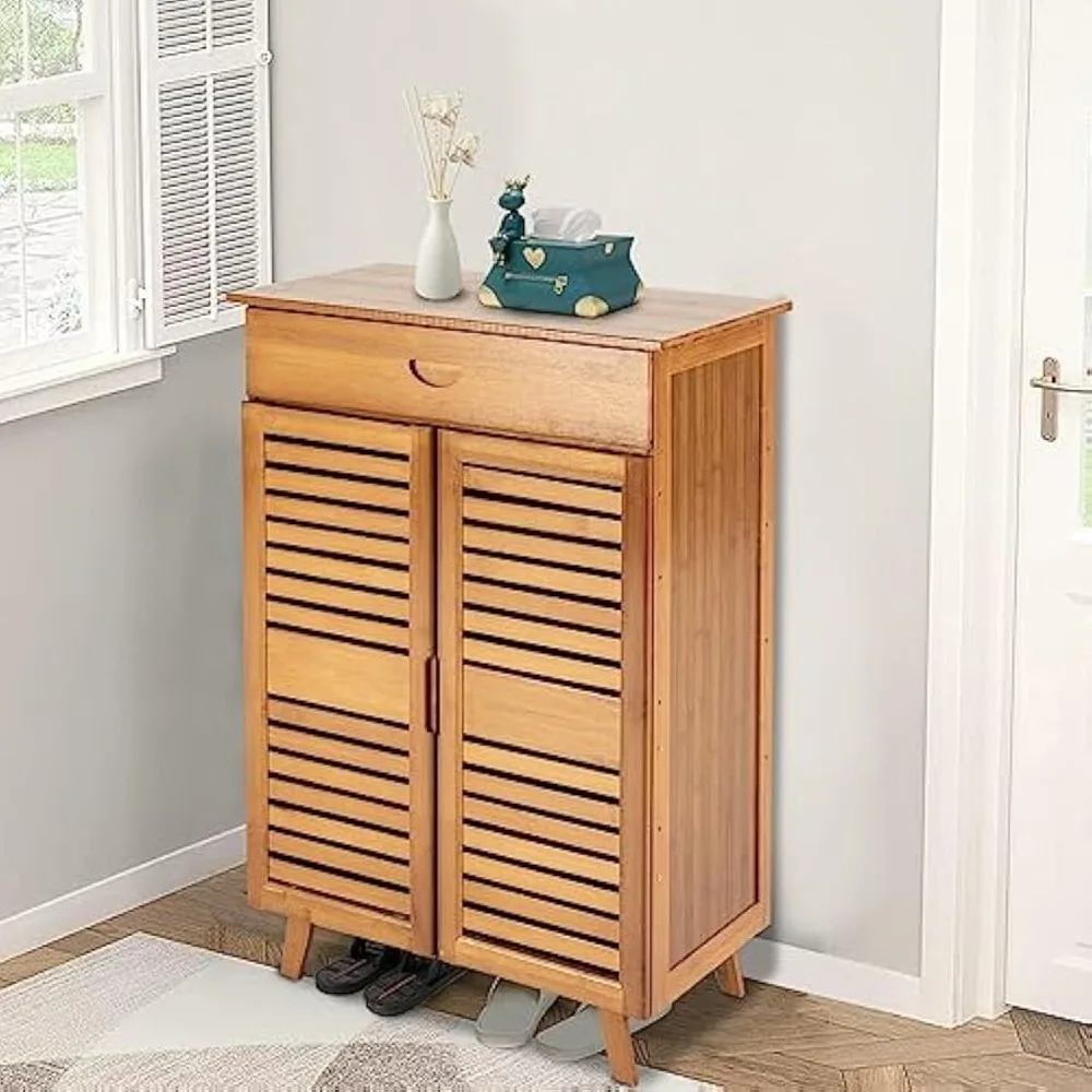 

Shoe Cabinet for Entryway Slim, Shoe Organizer Cabinet, Bamboo Shoe Rack, Shoe Storage Cabinet, Large Capacity 66lbs with Four C