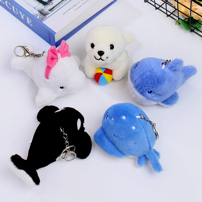 12cm Blue Shark Dolphin Seal Killer Whale Keychain Pendant Doll Stuffed Plush Toy Kids Gift Cartoon Small Mini Marine Animal