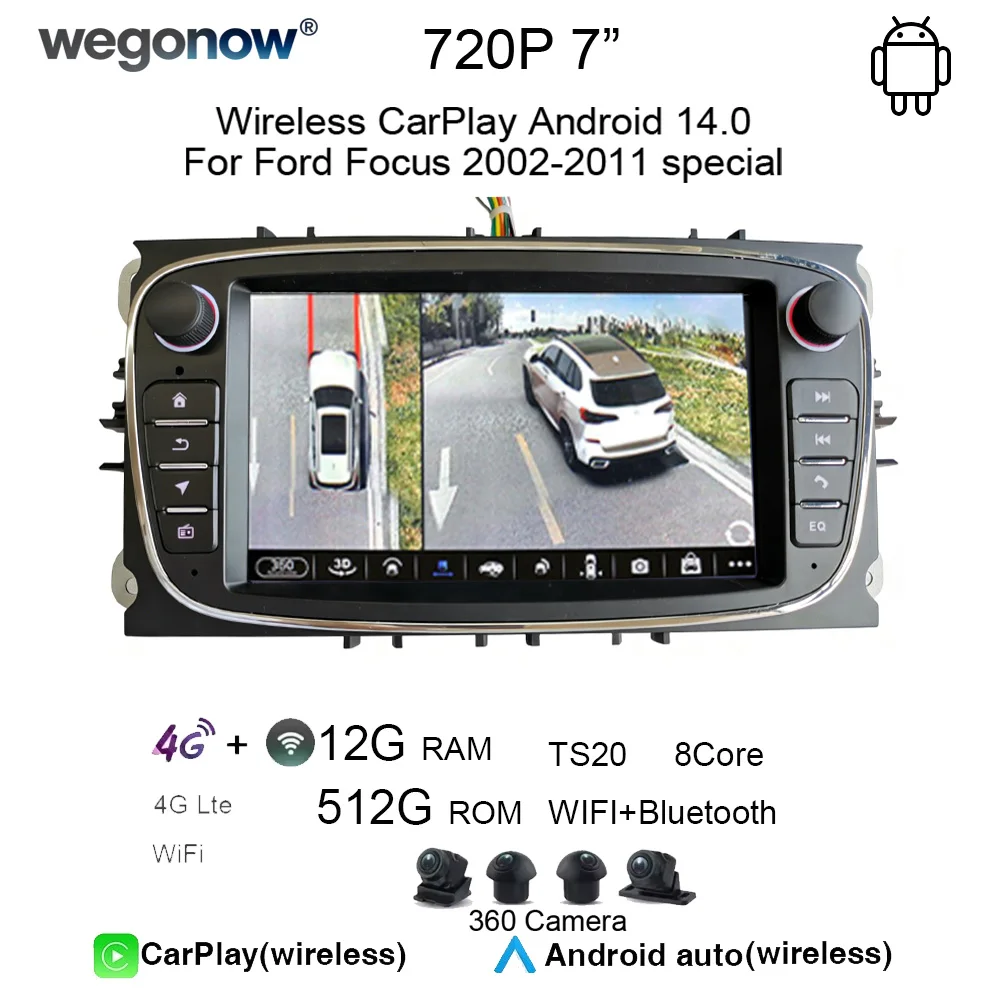 Radio para coche con pantalla IPS de 7 pulgadas para Ford Focus 2008-2011, compatible con CarPlay inalámbrico, Android Auto, WiFi y reproductor multimedia Bluetooth