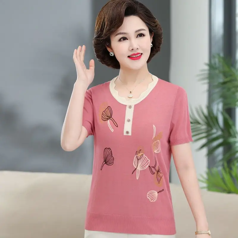 

Новый модный женский топ с круглым вырезом и пуговицами из ледяного шелка с короткими рукавами