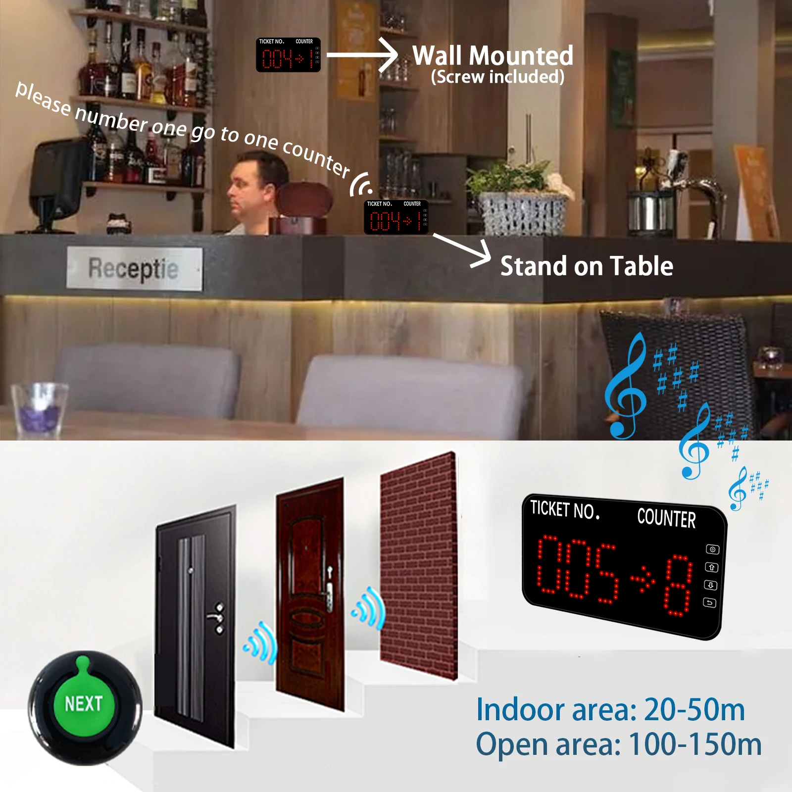 End Long Queues - Wireless Take-a-Number Machine Queue Management System with 5 Remote Call Button for Restaurant Hospital Bank