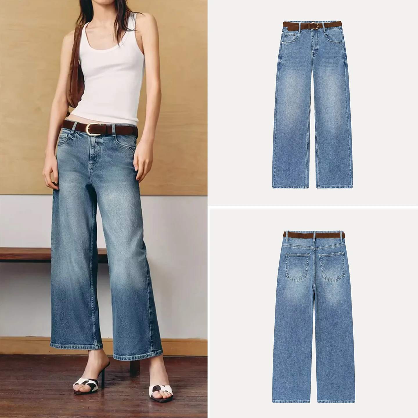 Z High Waist Wide Leg Seven-Foot Jeans for Women Faionable Belted Denim Pants European Sle Autumn Season Ladies' Jeans