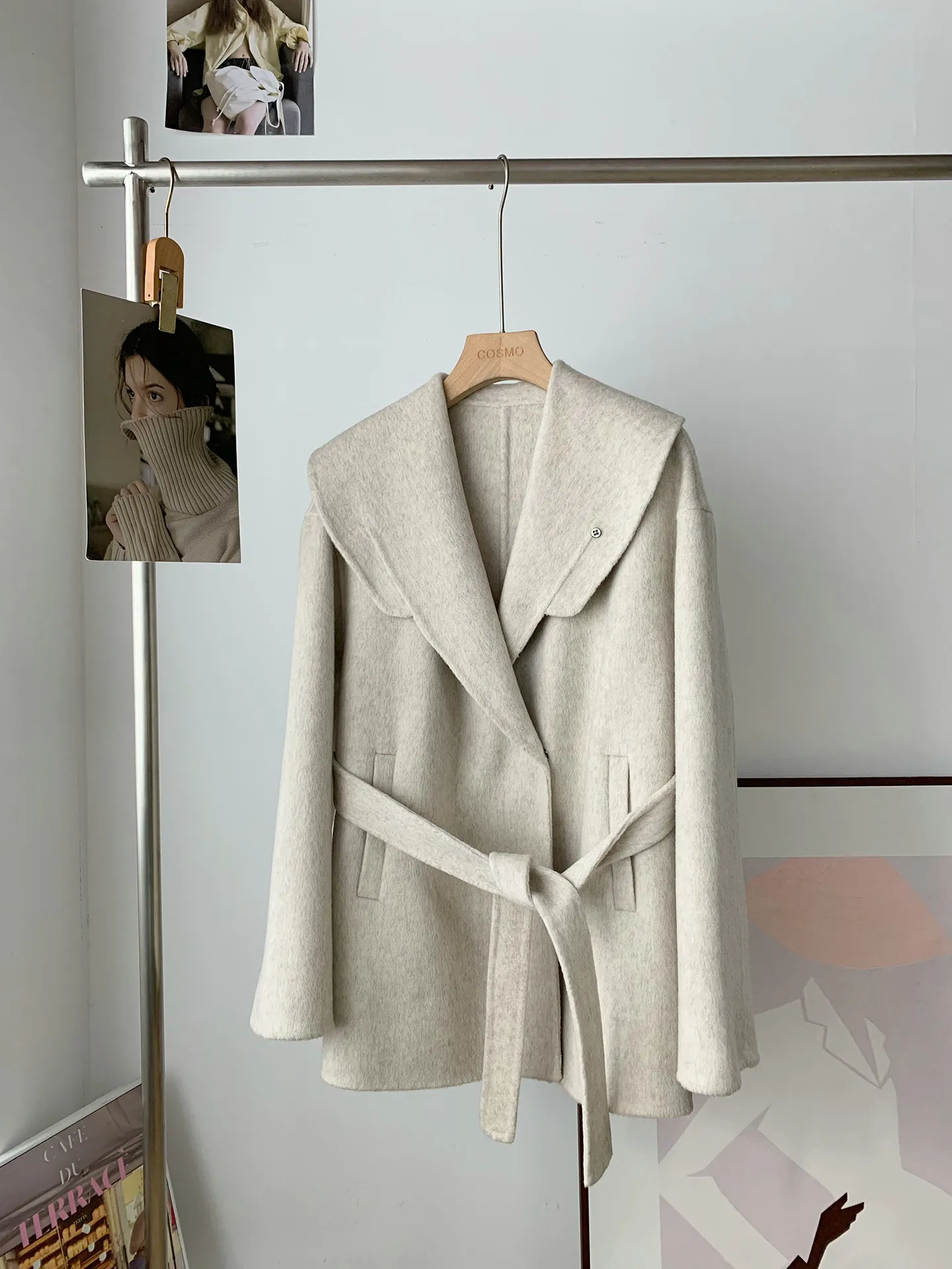 Women Navy Wide Lapel Double Sided Alpaca Wool Coat Belted Mid Length Korean Style Winter Woolen Outerwear 2026 New Arrival