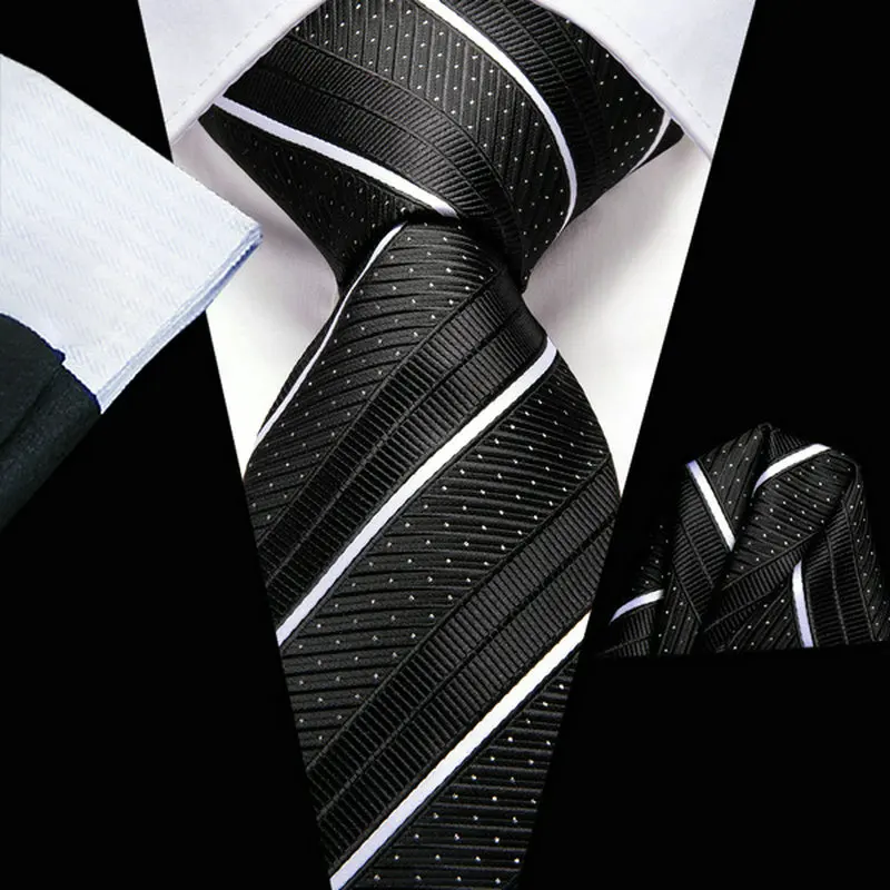 VerveRow Men Diagonal Stripe Tie & Pocket Square Set, Black White Striped Jacquard Necktie Handkerchief for Business Occasions
