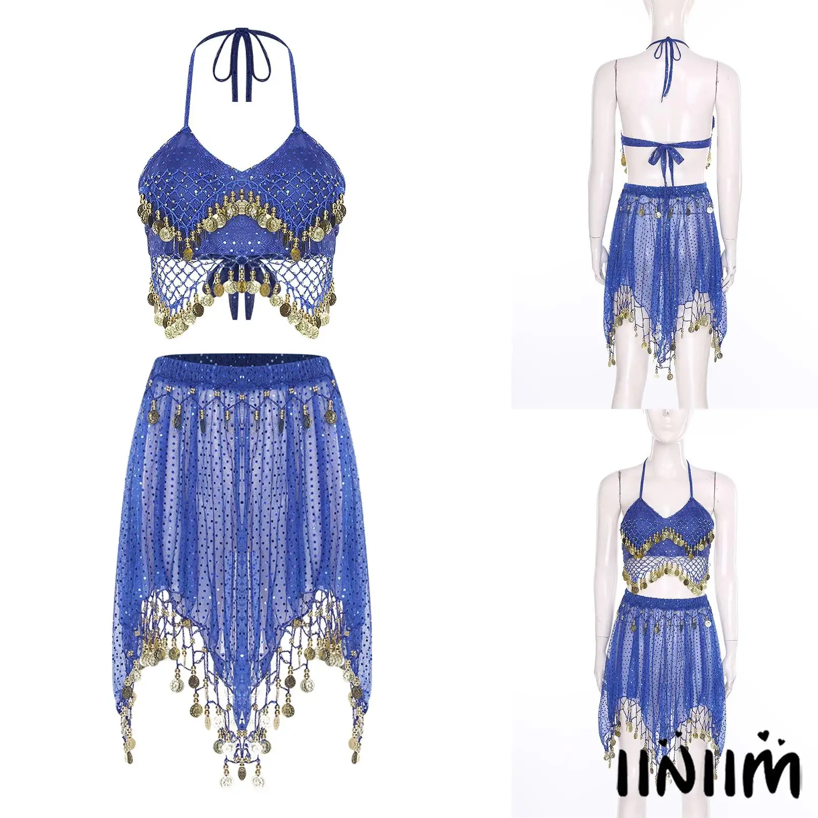 

Women Belly Dance Costume Crisp Sound Making Tassel Sequined Sheer Mesh Hip Scarf Elastic Waist Skirt for India Belly Dancewear