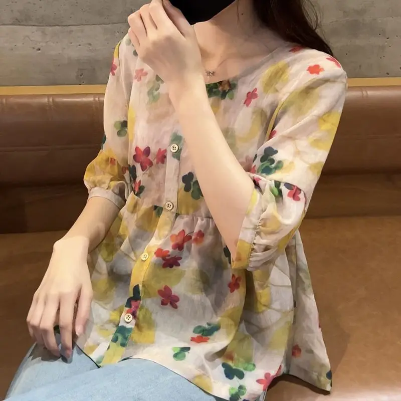 

Vintage Broken Flowers Blouse Printed Summer Casual Half Sleeve Women's Clothing Basic Round Neck Loose Stylish Patchwork Shirt