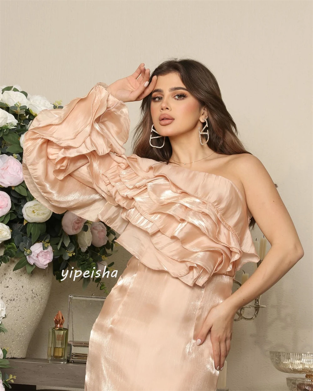 Gaun pesta, Organza, baju pesta ulang tahun, baju A-line satu bahu, baju acara, baju Midi, Arab Saudi, malam