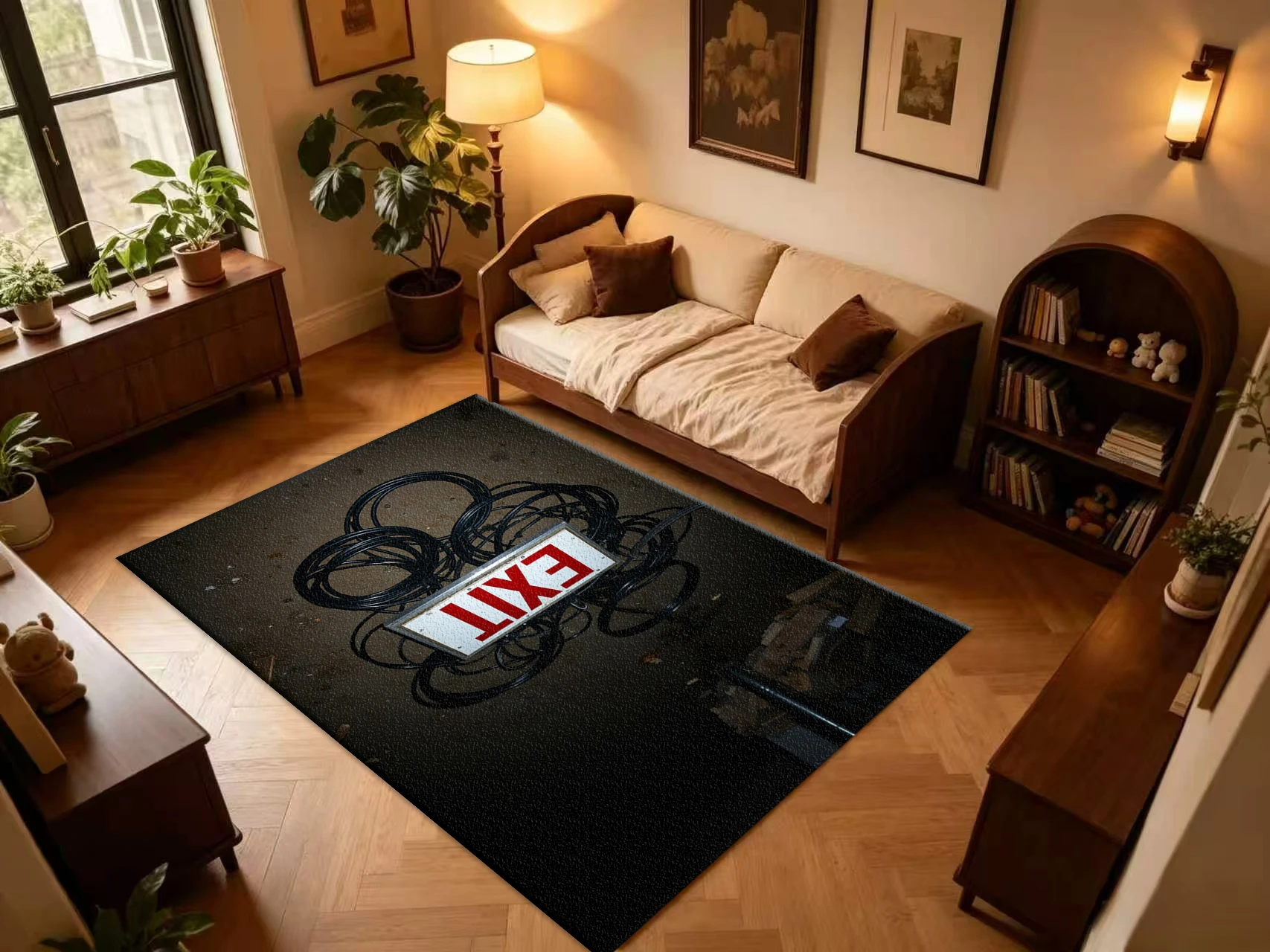 Vintage Exit Sign Industrial Style Carpet Flooring, Retro Cable Art Non-Slip Area Rug for Bar Cafe Living Room Home Floor Mat
