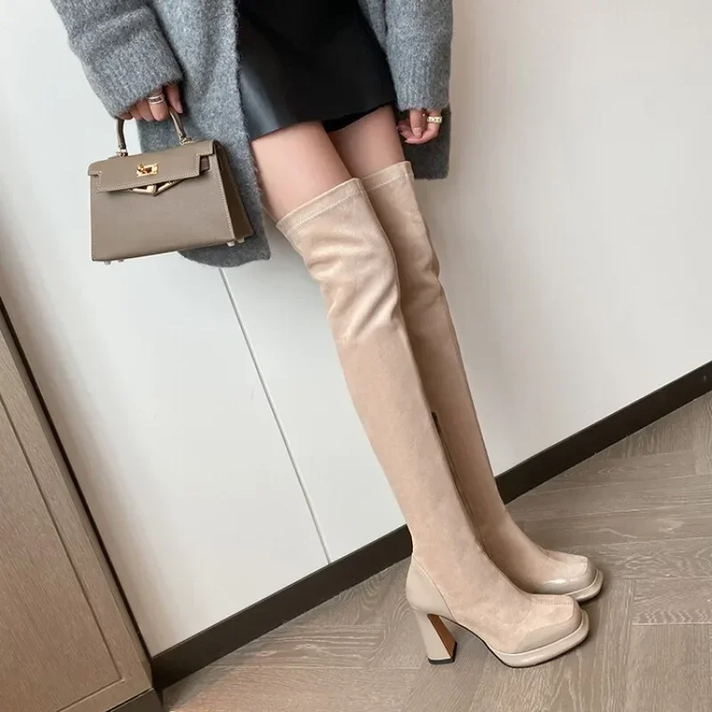 

Autumn Winter Minimalist High Heel Suede Long Boots Women Fashionable High Heel Commuting Casual Over Knee Length BootsSize 43