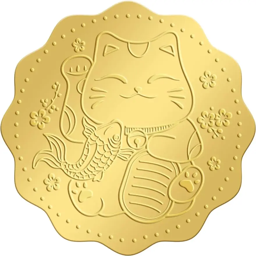 

50mm Gold Foil Sticker Lucky Cat 100pcs Certificate Seals Gold Embossed Round Embossed Foil Seal Stickers for Envelopes