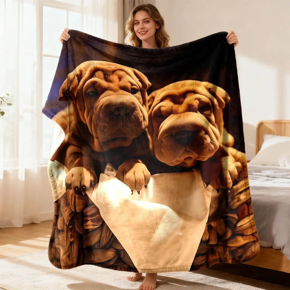 Two Shar Pei Puppiesina Basket Pattern Printing Flannel Fashion Print Blanket Cozy Balcony Halloween Gift Premium Choice Premium Choice Perfect for Exceptional Quality Perfect for Exceptional Quality