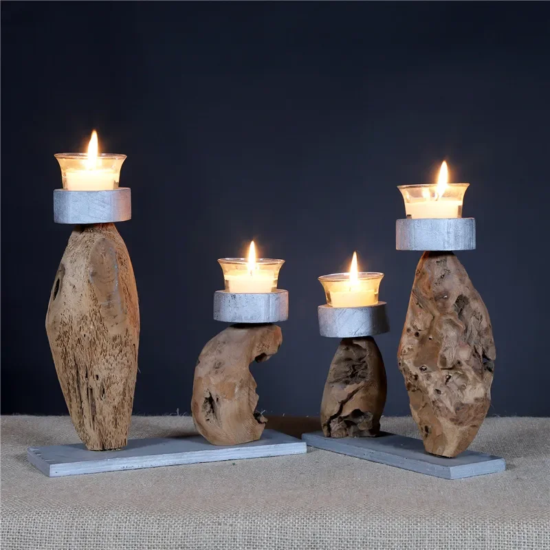 Handmade Wooden Candlesticks Rotten Wood Roots Retro Style Creative Ornaments for Romantic Dinner Candlelight Decor