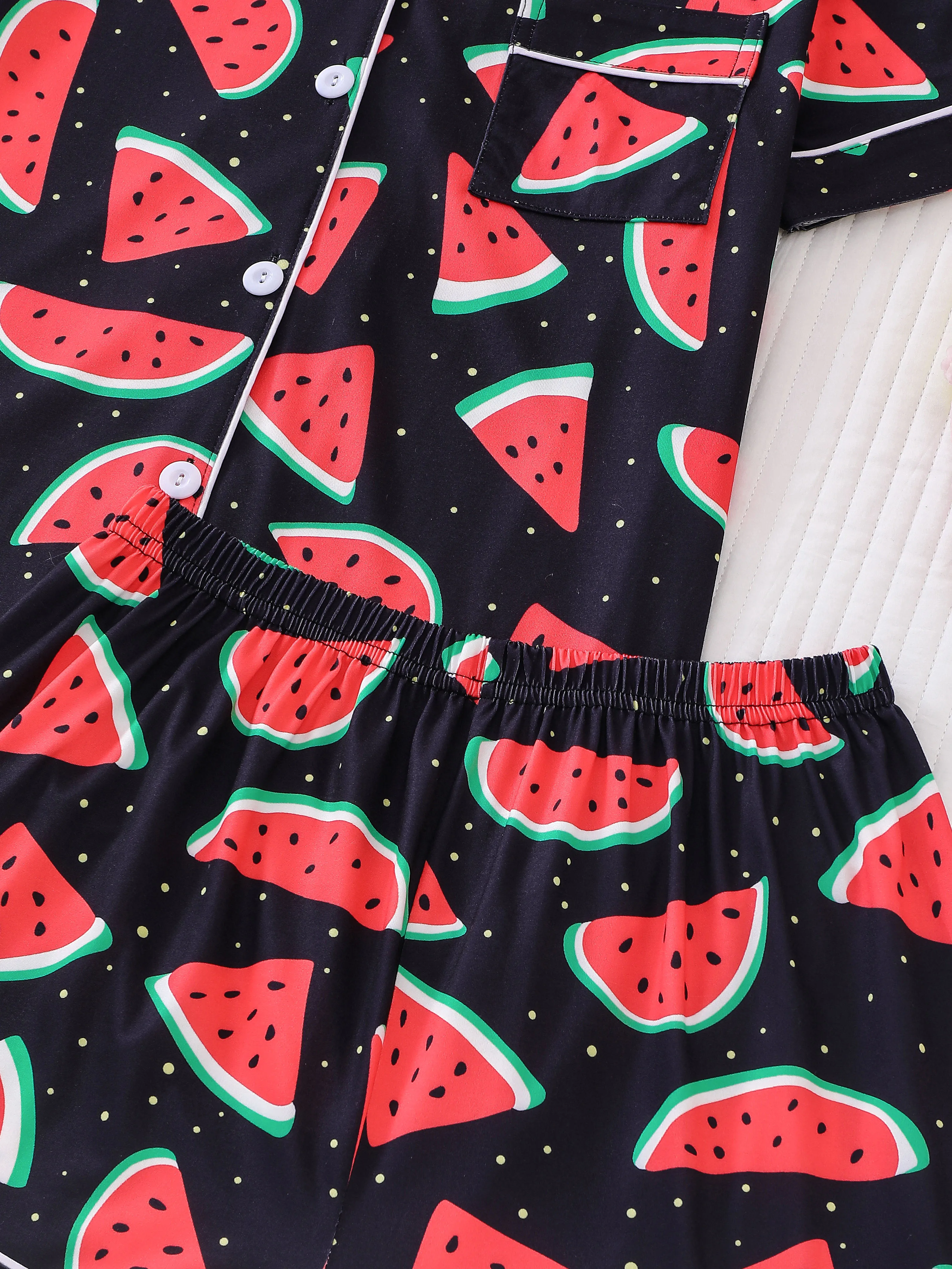 Black Bottom Watermelon Printed Women\'s Pajama Set with Collar Short Sleeve Top and Loose Shorts for Women\'s Casual Wear