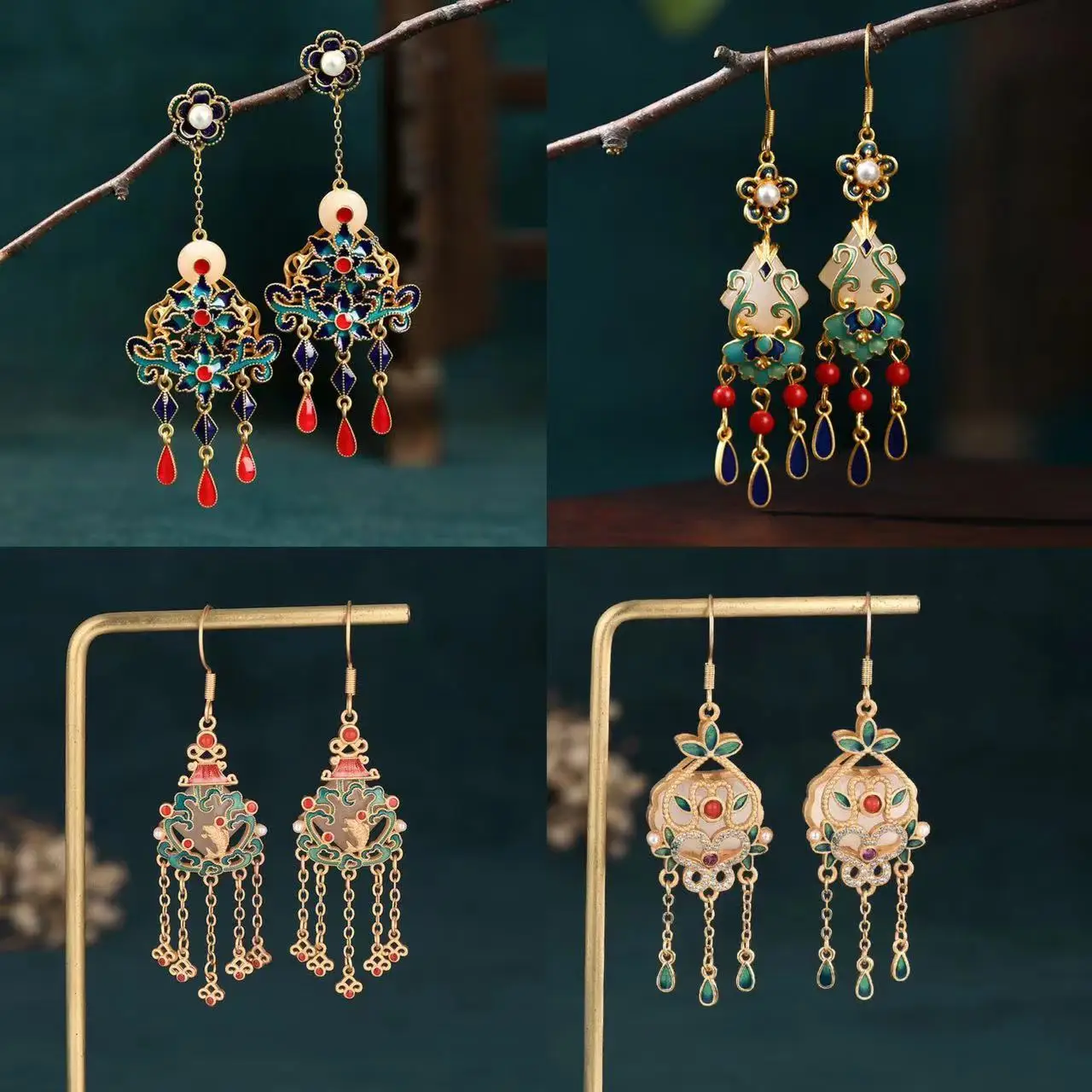 

Ethnic Chinese Butterfly Earrings for Women Enamel Jade Plated Gold Luxury Wedding Jewelry Metal Tassel Long Earring Gifts
