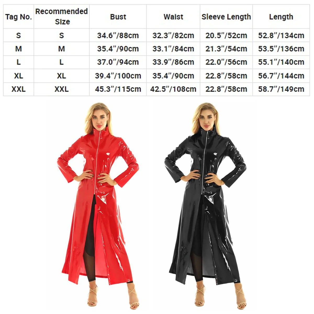 Adulto pvc couro gola alta trench longo das mulheres dos homens brilhante metálico wetlook zíper frente casaco jaqueta rave festa clubwear