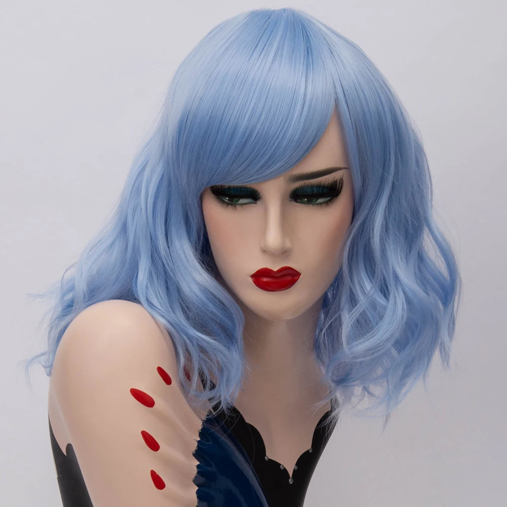 Women's Short Cosplay Wavy Wigs Blue Curly Wig With Side Bangs Synthetic Hair Wig Heat Resistant Wig For Daily Costume Party
