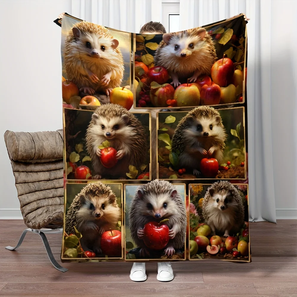 1pc Cozy Cute Hedgehog Puzzle Blanket Lightweight Flannel Digital Printing Fleece Blanket For Sofa Office Couch Bed Travel Campi