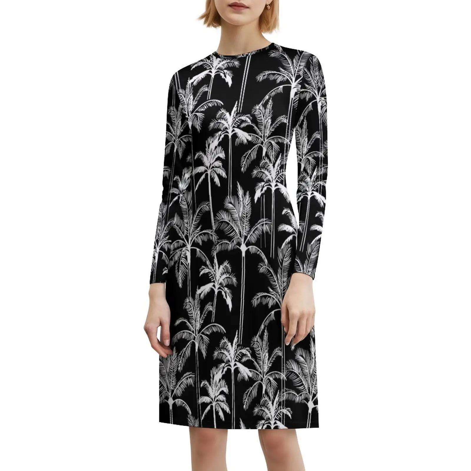 فستان ماركر بالمز-أسود على الطراز الكوري للنساء فستان كاجوال أنيق للحفلات أو الارتداء اليومي على شاطئ هاواي الاستوائي للعطلات