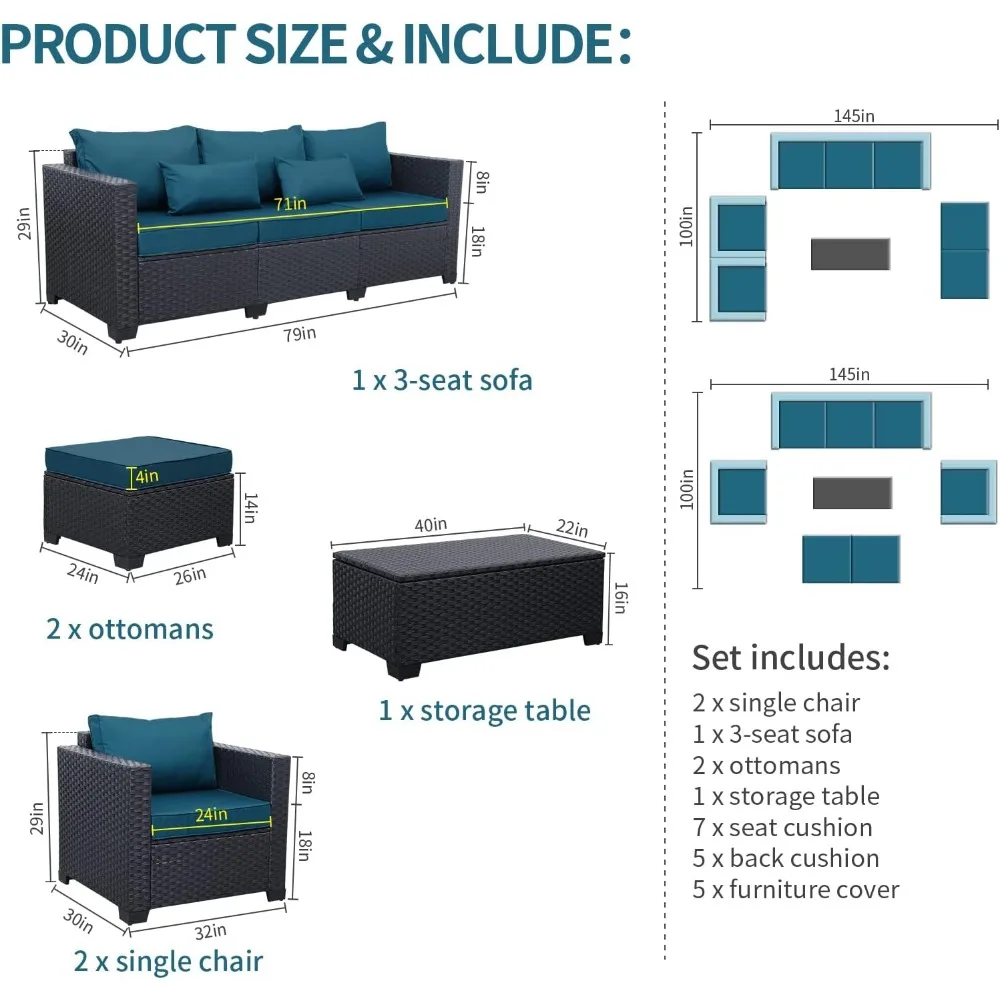 Patio Furniture Set 6 Pieces Couch Outdoor Chairs Coffee Table Peacock Blue Anti-Slip Cushions and Waterproof Covers