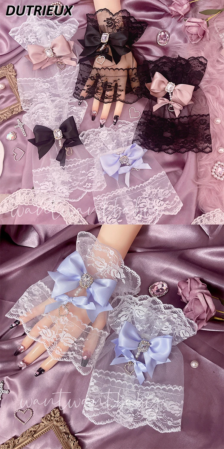 

Original Mine Series Subculture Sweet Cute Handmade Girls Lolita Bow Black Gloves Rhinestone Oversleeves Lace Gloves for Women