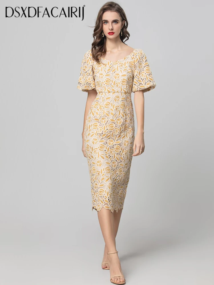 

DSXDFACAIRIJ Women's Vintage Hollow out Embroidery Pencil Dress V-Neck Puff Sleeves Slit Summer Fashion Dress