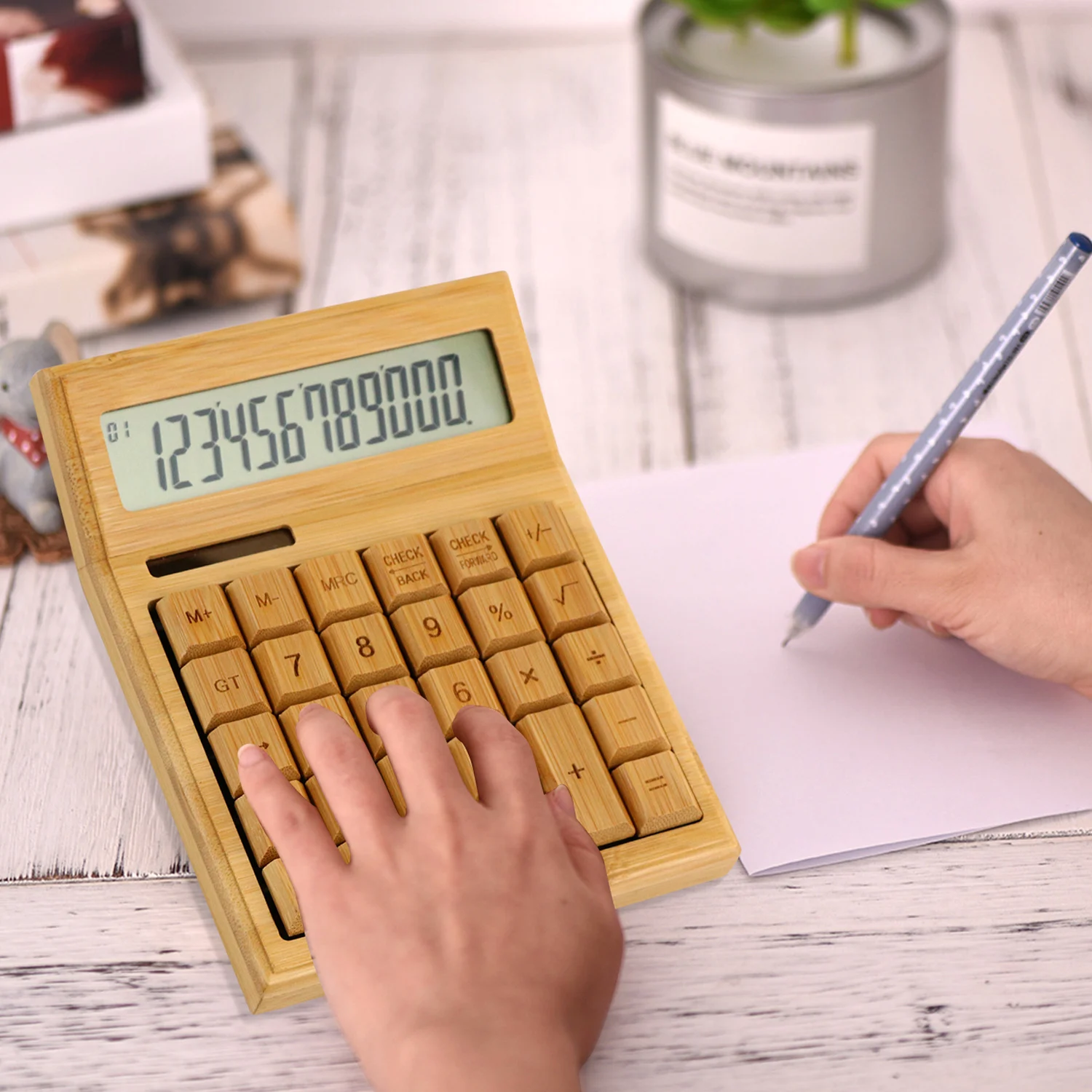 CS30 Multifunctional Bamboo Electronic Calculator Counter 12 Digits Solar & Battery Dual Powered for Home School Retail Store