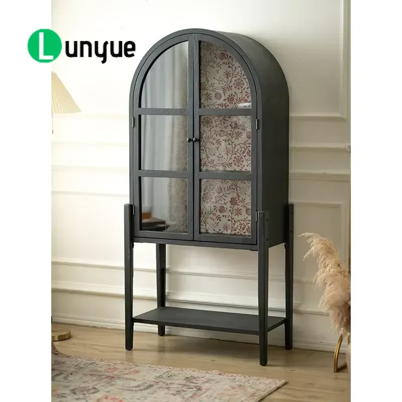 2026 Rustic Farmhouse Style Antique Wood Tall Arch Cabinet Wooden Furniture Home Decor Storage Cabinets with Carve Door