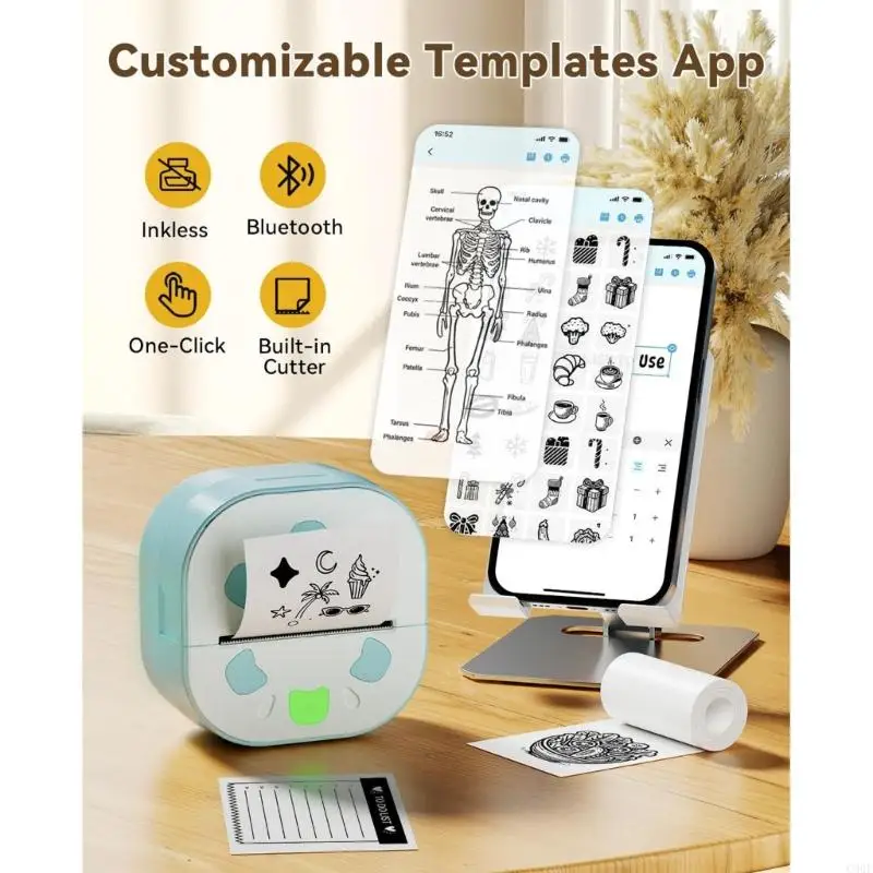 C90F Mini Thermals Printer for DIY Labels Labels Plan Plan Plan للأجهزة تشمل 3 صفوف من ورق لاصق