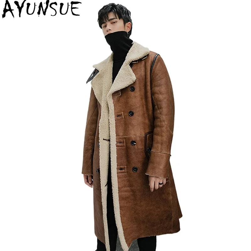 AYUNSUE High-end Merino Sheep Shearling Jacket Men Winter Mid-length Warm Natural Fur Coat Man Luxury 2025 Mens Fur Jacket Coat