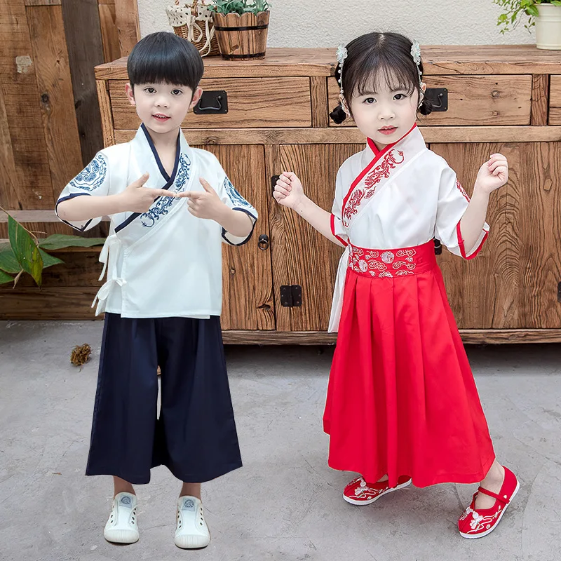 Summer Boys Long Sleeve Tang Suit Embroidery Kids Two Piece Set Cotton Children Perform Costumes Ancient Hanfu