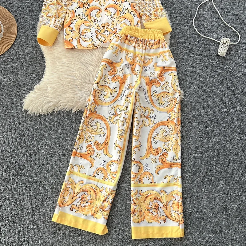 Women Fashion Luxury Print Shirt Top + High Waisted Wide Leg Pants New Spring Autumn Vintage Long Sleeve 2 Piece Sets A236
