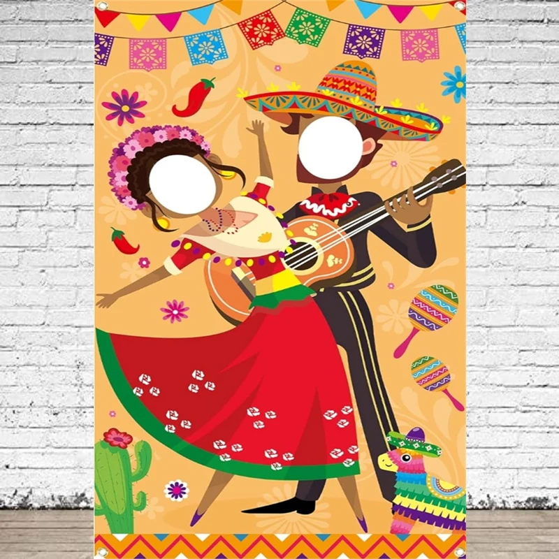 Fiesta Photo Door Banner Party Backdrop Mexican Cinco De Mayo Prop Face Cutting Background Birthday Pretend To Play Games Party