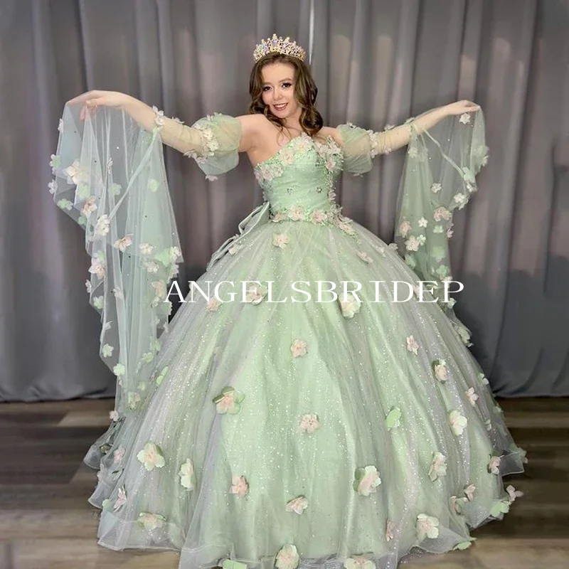 Angelsbride Salie Groene Kralen 3d Appliques Strik Sweet 16 Jurk Vestido De 15 Quinceañera Baljurk Quinnceanera Jurken