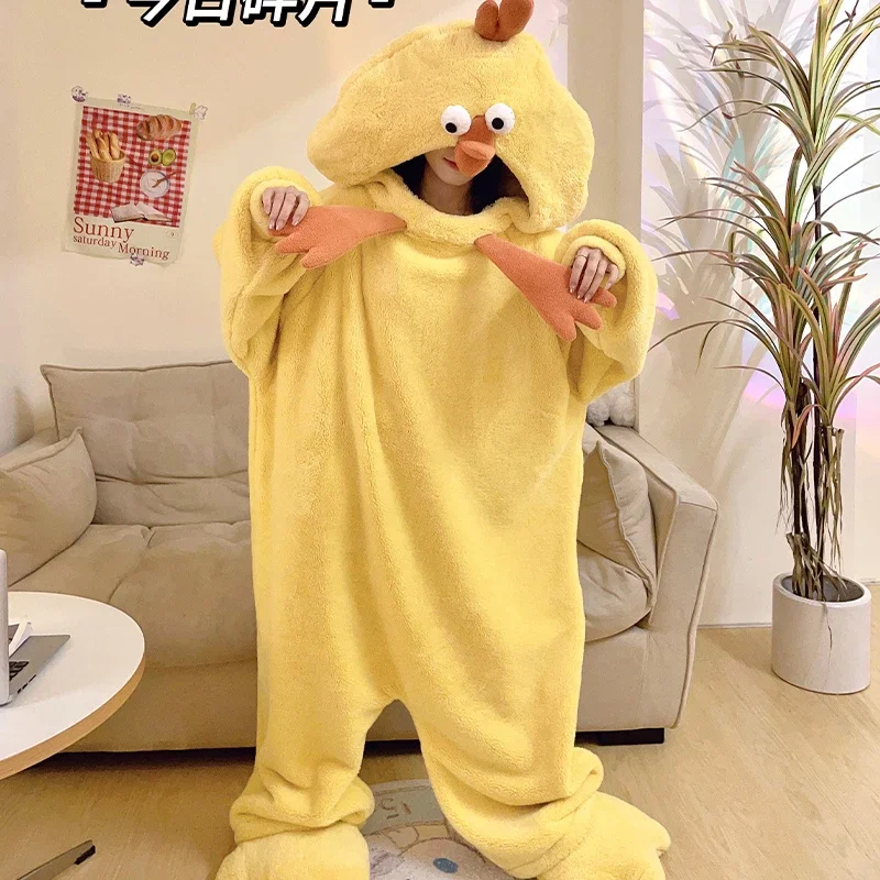 Winter Adult Pajamas Onesie For Women Men Cartoon Chick Funny Thicken Hooded Jumpsuits Soft warm Home Wear Pijamas Onesies